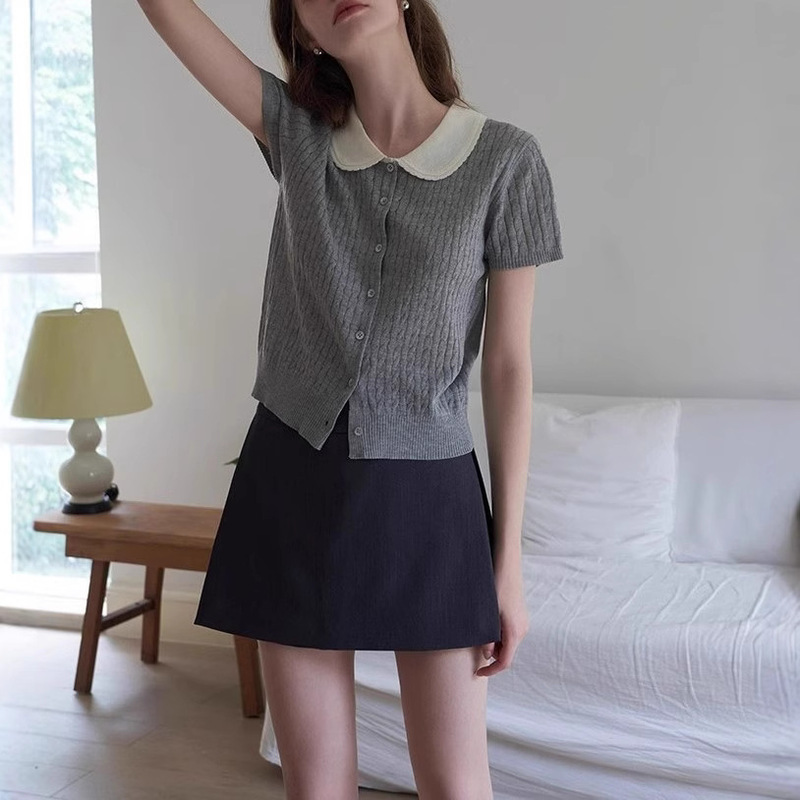 Contrast Color Doll Collar Twist Short-Sleeved Knitted Cardigan for Women Summer Korean Style Sweet Short Style Slimming Top