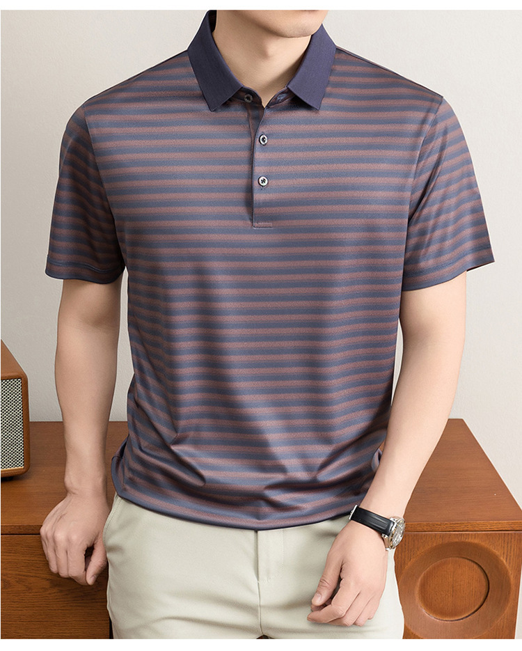 Áo polo nam tay ngắn cổ bẻ sọc kẻ chất liệu tơ tằm mulberry mềm mịn — Vàng tím 8878 chi tiết 18