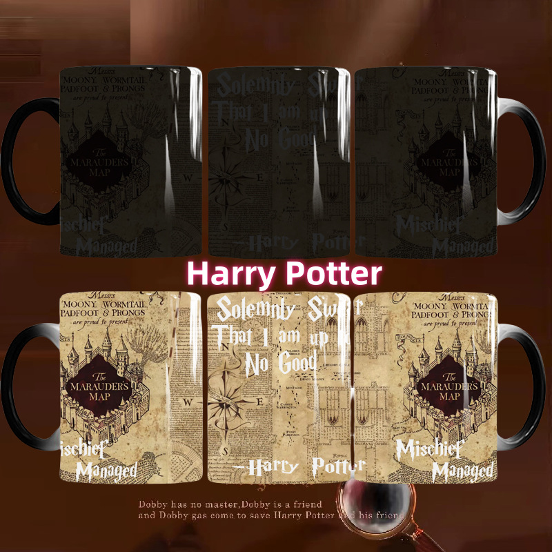 Harry Potter Live Mapa de color cambiante taza de dibujos animados película y televisión periférico de estilo europeo de cerámica simple oficina sensible a la temperatura