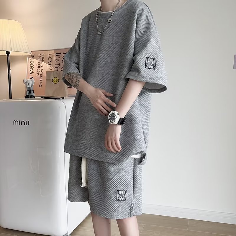 Ice Silk Waffle Short Sleeve T-Shirt Set for Boys And Teenagers Summer Casual Sports Shorts Stylish Outfit Regular Fit Micro-Elastic_viptrois.com