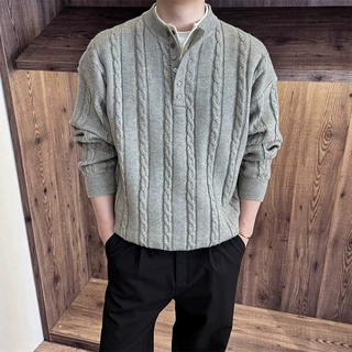 松弛感假两件绞花针织衫毛衣男士秋冬搭配时尚双层领打底衫毛线衣