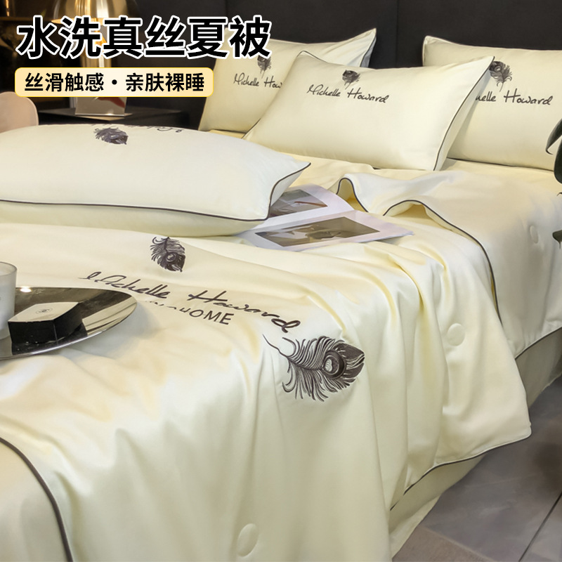 2025新款刺绣水洗冰丝夏被夏凉被四件套单双人可机洗薄被子空调被