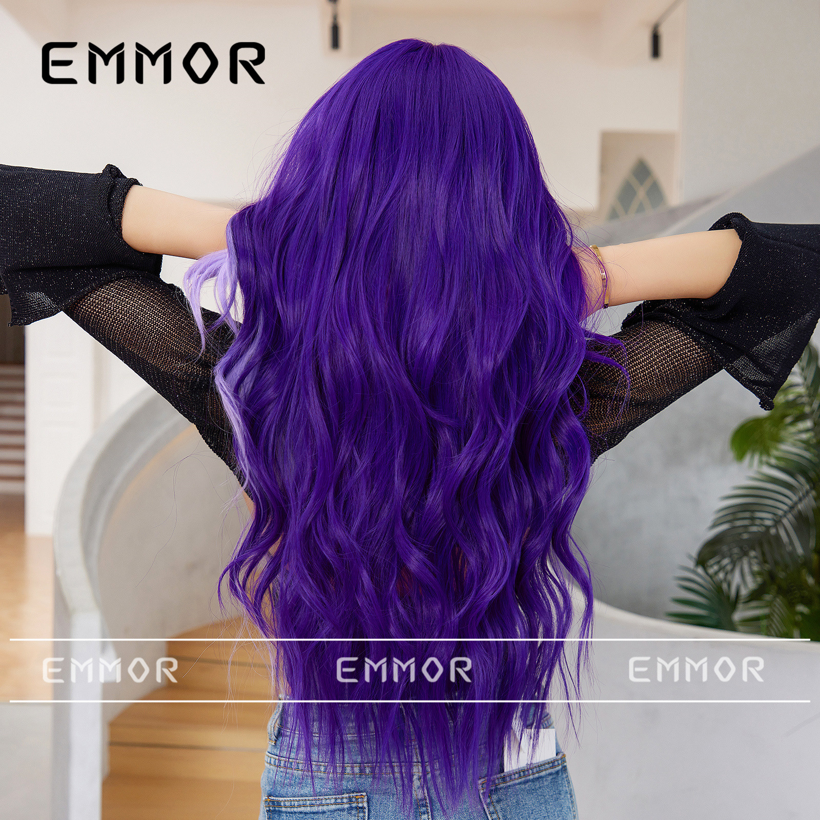 Peluca larga de cosplay de Halloween para mujer, con raya en medio, morada con reflejos, peluca larga y rizada ondulada grande