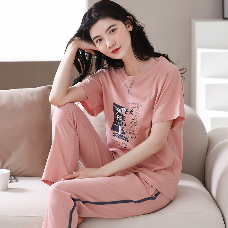 Pajamas for Women, Autumn Pure Cotton, Can Be Worn Outside, Home Clothes, Cotton Short-Sleeved Trousers, Spring and Summer Casual Two-Piece Suits for Women