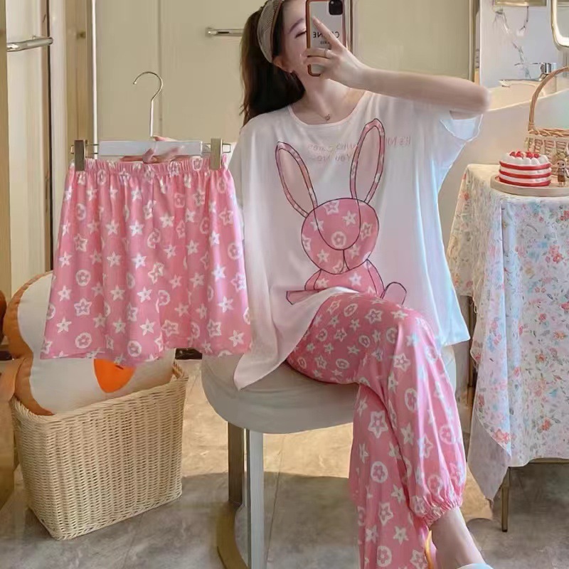 [conjunto de tres piezas] pijamas de mujer nuevo cuello redondo de verano manga corta ropa casera casual pantalones cortos sueltos set
