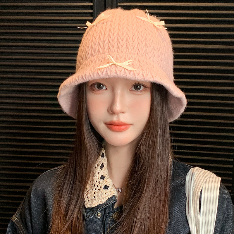 甜美可爱蝴蝶结针织渔夫帽秋冬休闲百搭加厚保暖帽防风显脸小盆帽|undefined