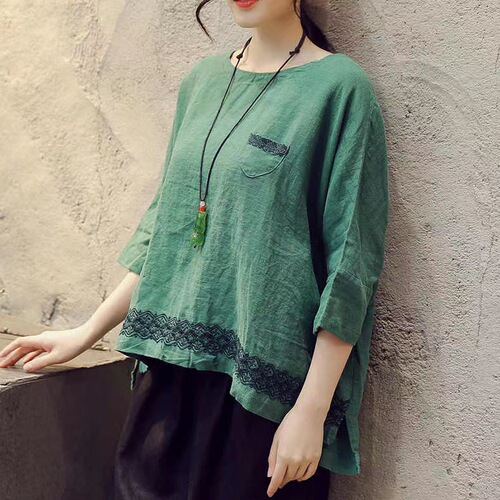 Summer Retro Cotton Linen 2025 Women's Large Size Loose Cover-Up V-Neck T-Shirt Blouse