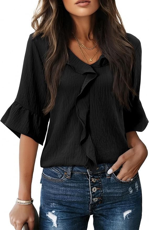 Women's V-neck Ruffle Blouse Flutter Sleeves Flowy Cold Silk Top_voghion.com