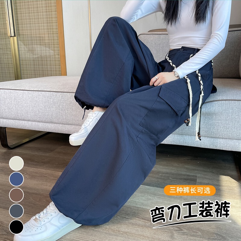 藏蓝色美式弯刀工装裤女秋季2025新款高腰宽松阔腿束脚登山运动裤|undefined
