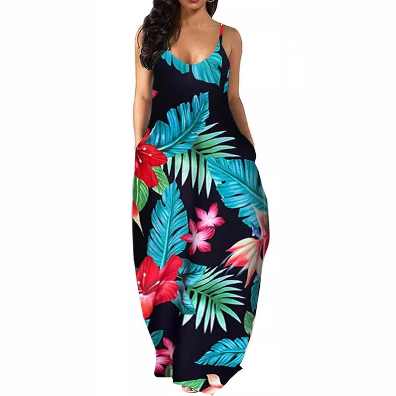 Women's Summer plus size Hawaiian dress Tie-Dye Thin Strap Super Long dress Beach Bohemian Dress