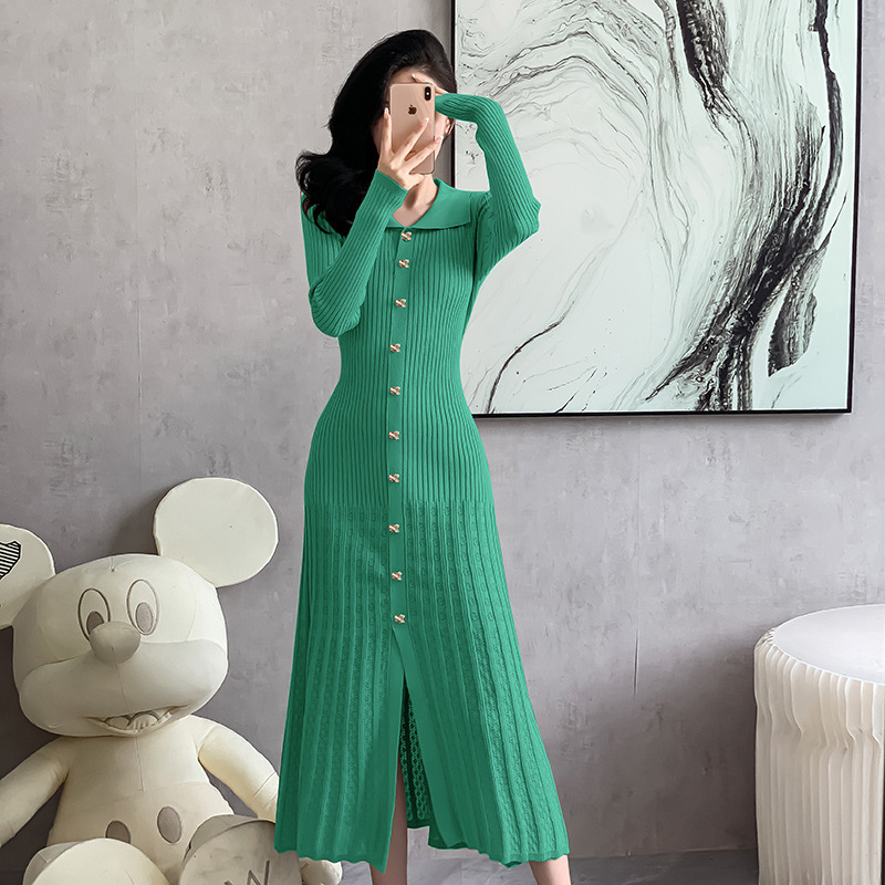 2026 Spring, Autumn, and Winter Korean Style Women's Gold Button Long Dress with Hollow Out Stitching, Single-Breasted Lapel Knitted Dress 8191