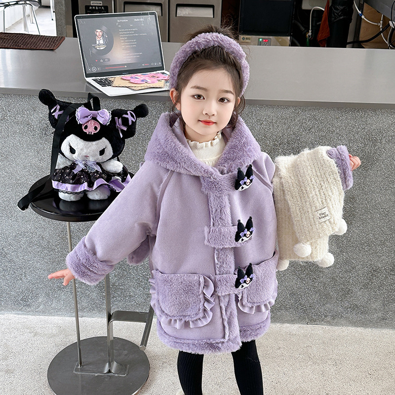女童库洛米外套秋冬季2025新款儿童加绒洋气冬装宝宝皮毛一体大衣