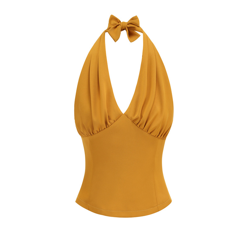 Sexy Retro Pleated Deep V-neck Backless Neck Slim Short Top for Annual Meeting Stage Performance Top