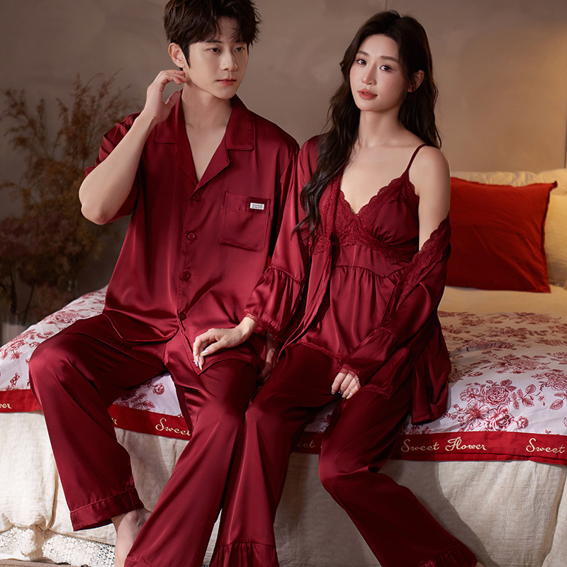 Couple Pajamas for Women Spring and Summer Ice Silk Red Sexy Suspenders Three-Piece Set with Breast Pads Newlywed Home Clothes Men's Short Sleeves Couple Pajamas for Women Spring and Summer Ice Silk Red Sexy Suspenders Three-Piece Set with Breast Pads Newlywed Home Clothes Men's Short Sleeves