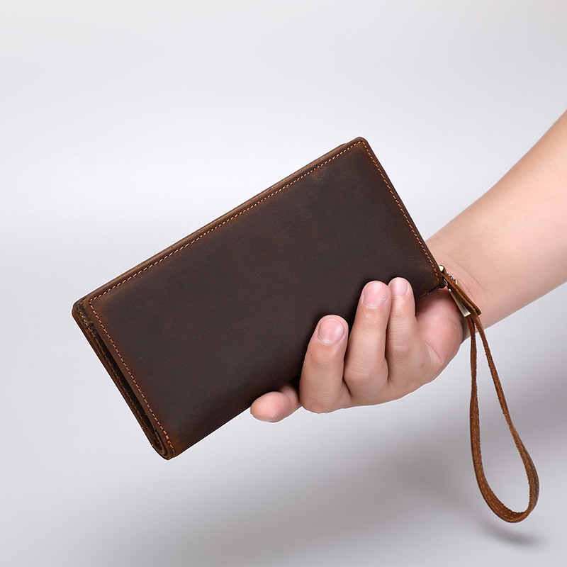 Men's Clutch Crazy Horse Leather Long Wallet Zipper Business Clutch Bag Genuine Leather Clutch Men's New Style