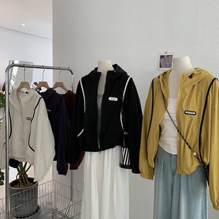 Omalai Contrast Color Hemmed Hooded Easiest for Match Jacket Casual Jacket Zipper Cardigan Top Women 4021