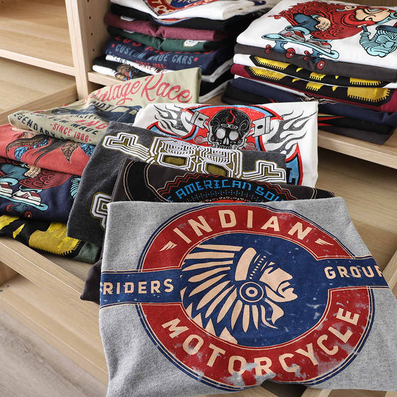 Highly Recommended! Five Pieces Per Person! Spring and Summer Washed Brushed Men's Round Neck Printed Short-Sleeved Half-Sleeved T-Shirt Trendy