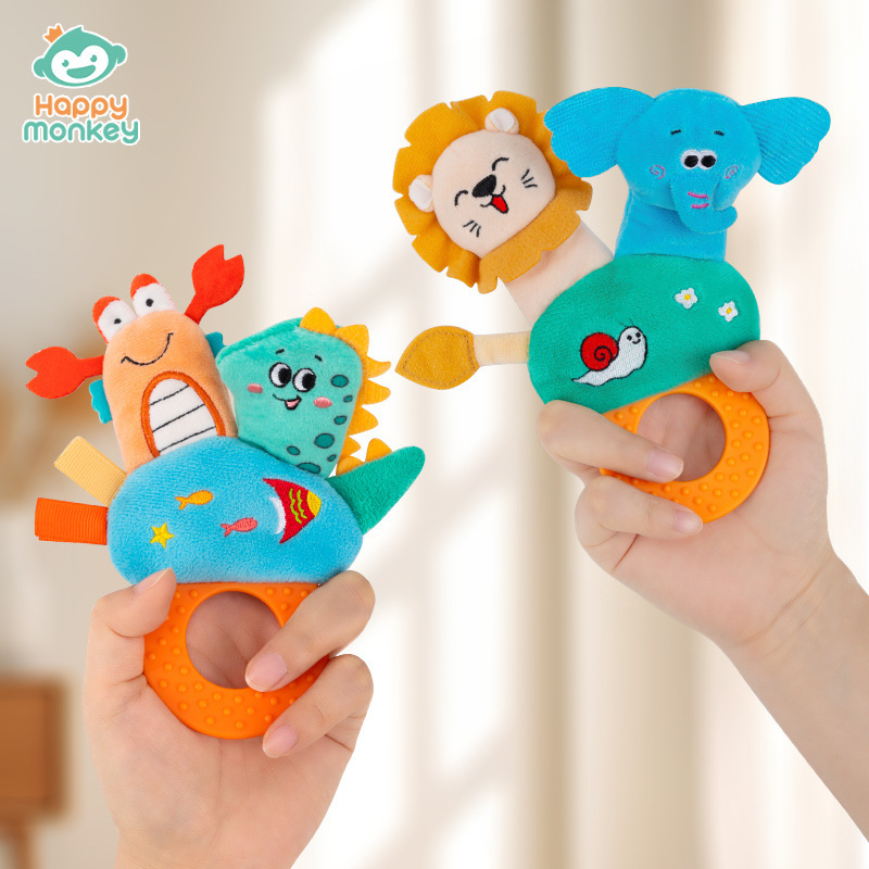 Happy monkey baby animal con goma de goma campana juguetes para bebés agarrar y morder campana de educación temprana para bebés