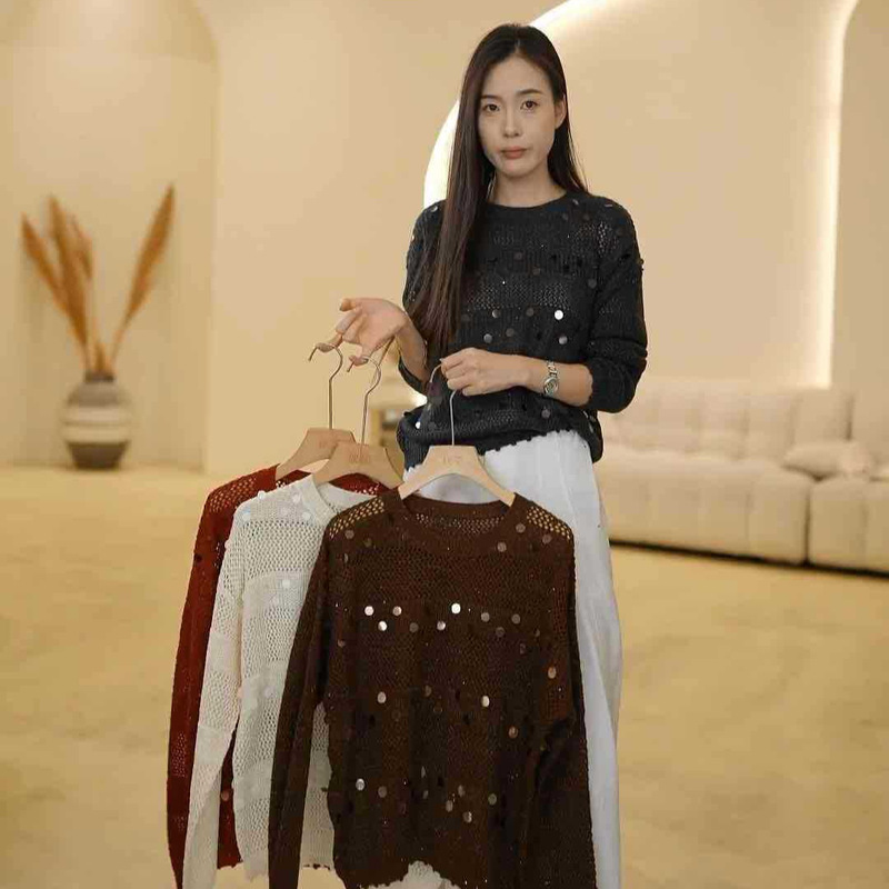 K0808-164 Celebrity-Inspired Hollow-Out Sequin Loose Long-Sleeve Knit Sweater g K0808-164 Celebrity-Inspired Hollow-Out Sequin Loose Long-Sleeve Knit Sweater g