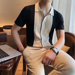 2025夏男性ニット半袖シャツ韓国版修身純色氷糸カジュアル襟半袖シャツ