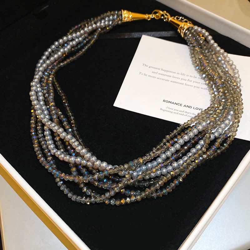 Diamante incrustado multi-capa de cuerda collar de cristal de moda Mori diseño fresco clavícula Cadena de alto grado sentido nicho temperamento collar