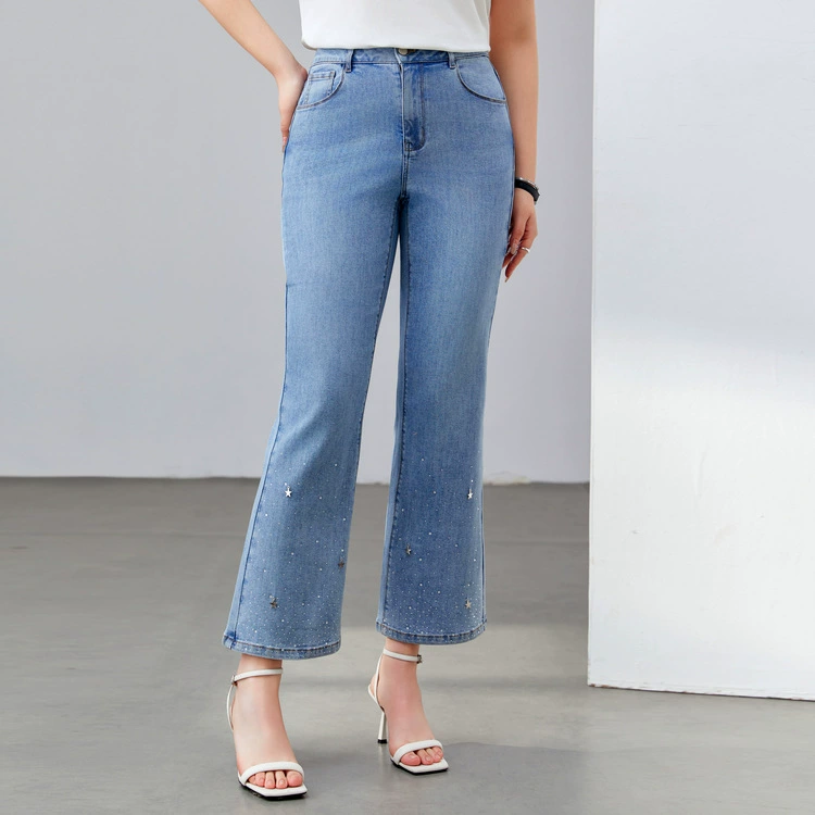 Модные универсальные светло-голубые джинсы с камнями для женщин плюс-сайз, одежда для пышных женщин, новый стиль весна 2025