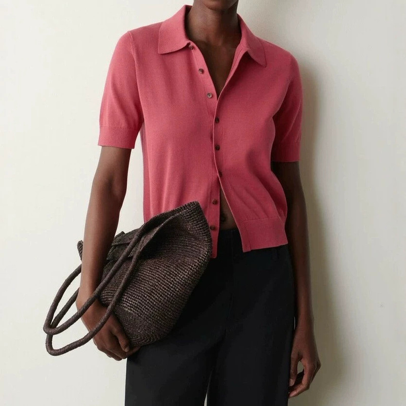 Cs Women's Clothing Standard Fit Polo Collar Knit Cardigan Coral Color 2026 Summer New Product 1345786001