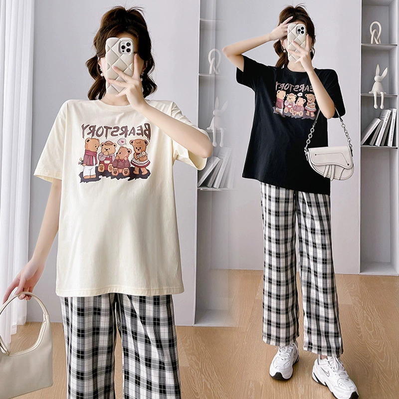 Материнства летние свободные плюс размер мультфильм футболка + клетчатые брюшные брюки Повседневный исходящий комплект из двух частей Беременные Женщины костюм Tide