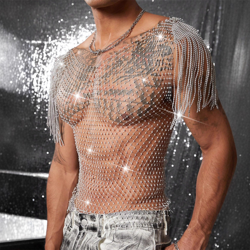 European and American Cross-Border Mesh Rhinestone Sexy Fishnet T-Shirt See-Through Nightclub Beach Music Festival Men's Tank Top W25410