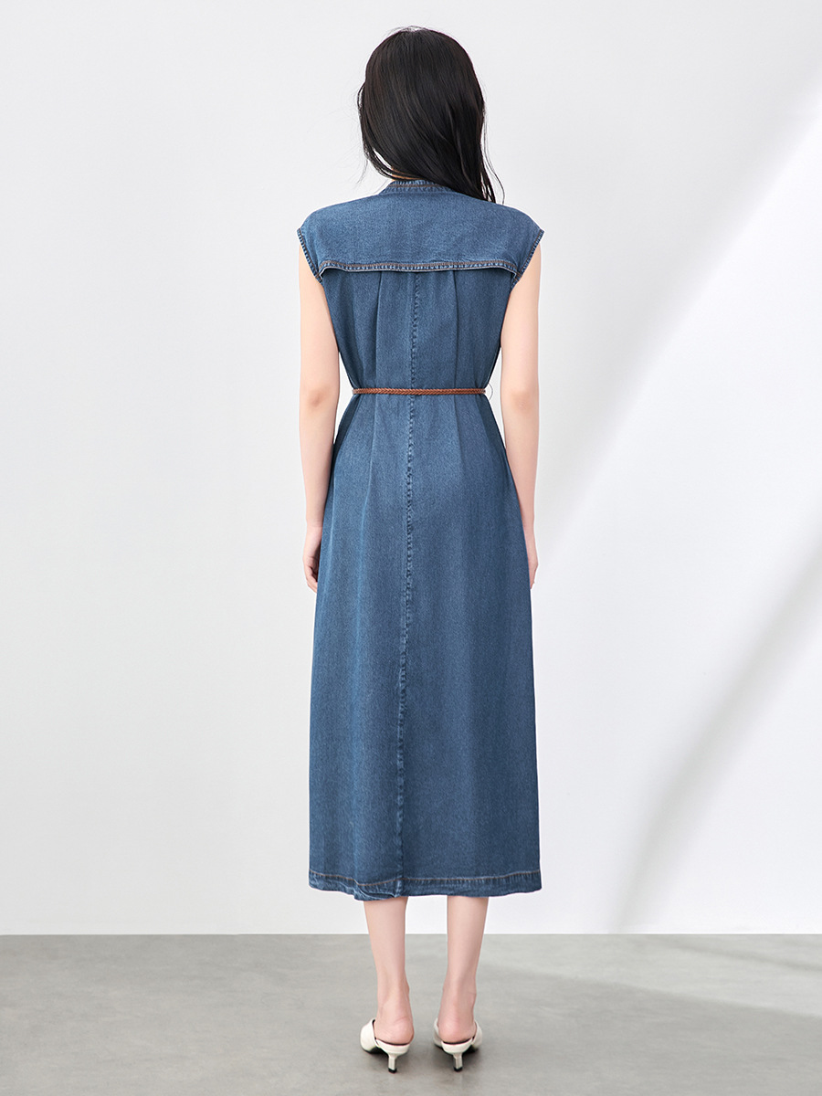 Váy liền denim Tiansi dáng maxi thắt eo phong cách Pháp mùa hè — Màu xanh lam
