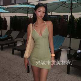 新款韩版针织简约纯色连体裙式露背绑带沙滩度假泳衣女高级bikini