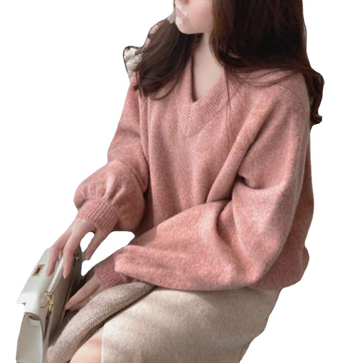 Otoño e Invierno nuevo estilo perezoso estilo dulce estilo japonés desgaste exterior V-cuello suave glutinoso suéter de las mujeres suelta linterna manga de punto superior