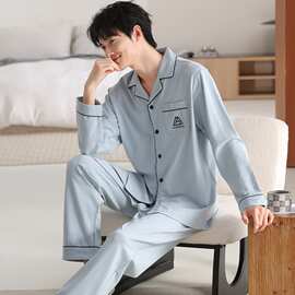 【L-4XL】春秋莫代尔男士长袖长裤开衫翻领睡衣印花休闲男家居服