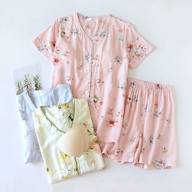 Летние хлопковые шелковые шорты с короткими рукавами, домашняя одежда, Женская тонкая пижама из искусственного хлопка с V-образным вырезом и пряжкой на груди, свободный костюм