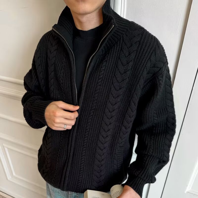 American Retro Wheat Texture Cardigan Knitwear for Men and Women Cleanfit Stand Collar Casual Couple Knitwear Jacket