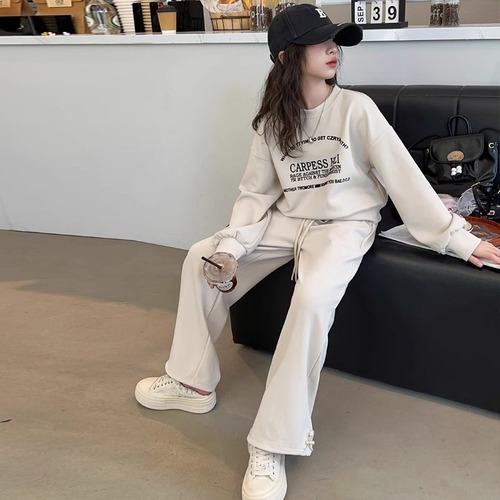 Women's Han Style Casual Set, Big Kids Spring and Autumn New Trendy Letter Hoodie and Stylish Straight Leg Pants Two-Piece Set