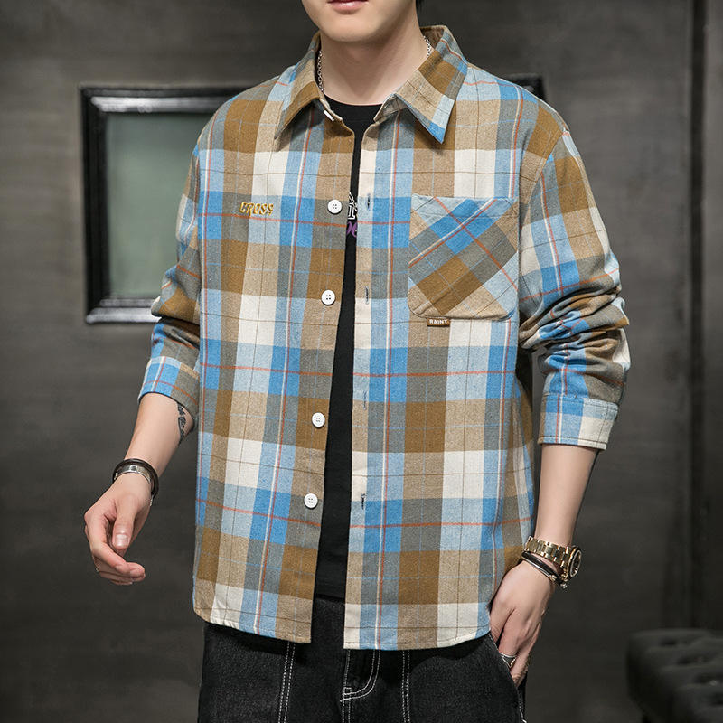 Men's Korean Version Slim Casual Large Plaid Shirts Long Sleeve Shirts Men
