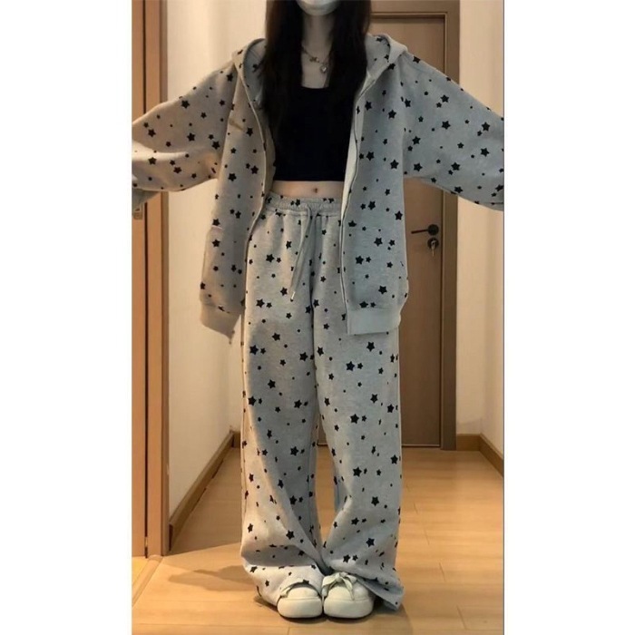 满印美式星星耳朵时尚套装秋季新款连帽卫衣开衫慵懒宽松两件套|undefined