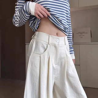 云朵白色西装裤女秋季大码胖mm慵懒显瘦高级感垂感阔腿褶皱奶芙裤