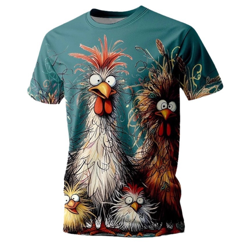 Venta caliente pollo frito 3D impresión digital fábrica venta directa verano calle salvaje suelta cuello redondo camiseta de manga corta