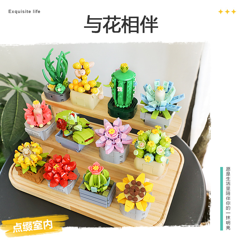 (2개) 치료 다육 식물 화분 장식 퍼즐 조립 작은 입자 빌딩 블록 소년과 소녀 장난감 선물 도매