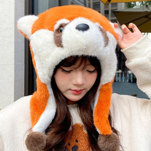 新款卡通可爱小浣熊毛绒护耳雷锋帽子女秋冬保暖加厚毛球护耳帽潮