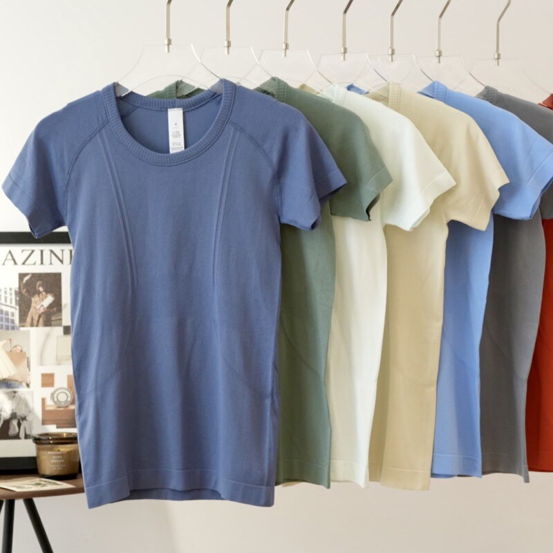 Lulu Sports Short-Sleeved Women's Yoga Top Seamless Knitted Round Neck Fitness Clothing Running Thin T-Shirt Outer Cover-Up