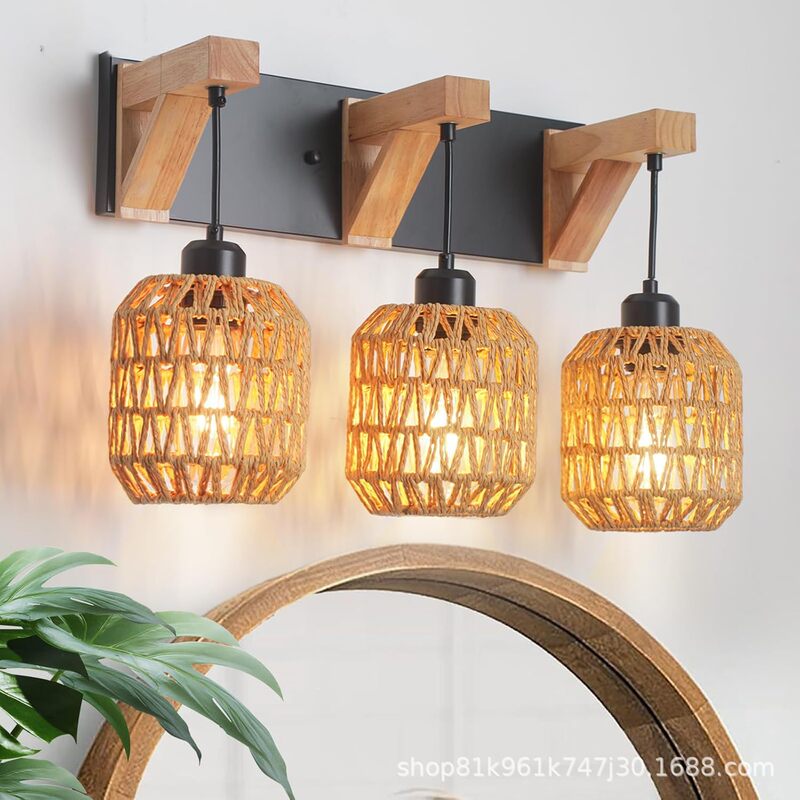 Rattan Bathroom Wall Lamp Handmade Bamboo Weaving Bohemian Wicker Lampshade Suitable for Stairwell Bedroom and Corridor Use