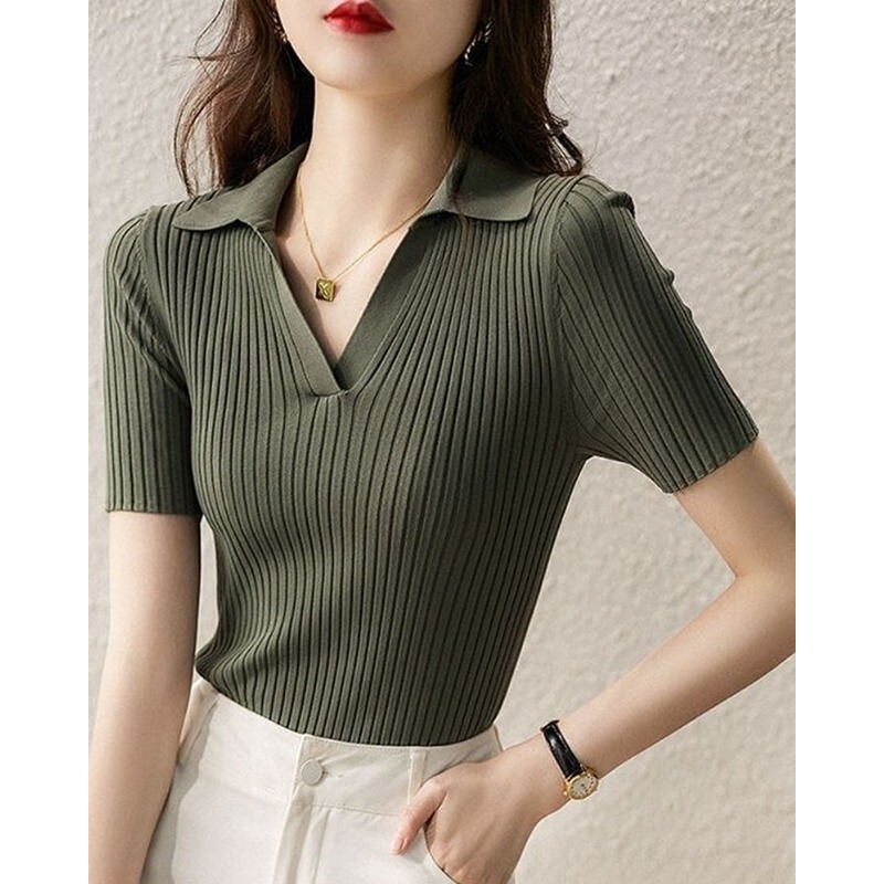 Polo Collar Short-Sleeved T-Shirt Women's Summer Pullover New Slim Slim Ice Silk Knitwear Fashionable Pure Color Chic Top