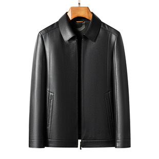 Plus Size Leather Jacket Men's Business Casual Loose Leather Jacket for Middle-aged and Elderly Dads New Lapel Spring and Autumn Leather Jacket