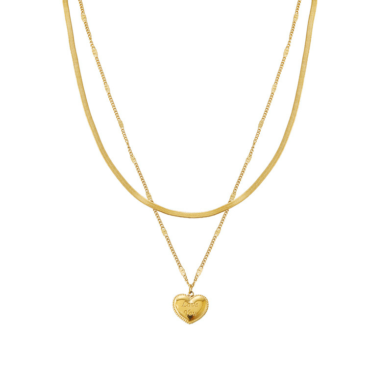 Love Double Layer Layered Titanium Steel Necklace, Light Luxury and Versatile Snake Bone Chain, Personalized Peach Heart _voghion.com