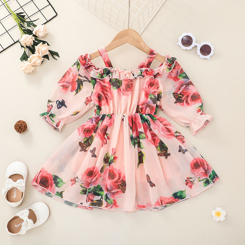 Fashion Chiffon Children's Suspender Floral Printing Dress Wholesale Nihaojewelry display picture 3