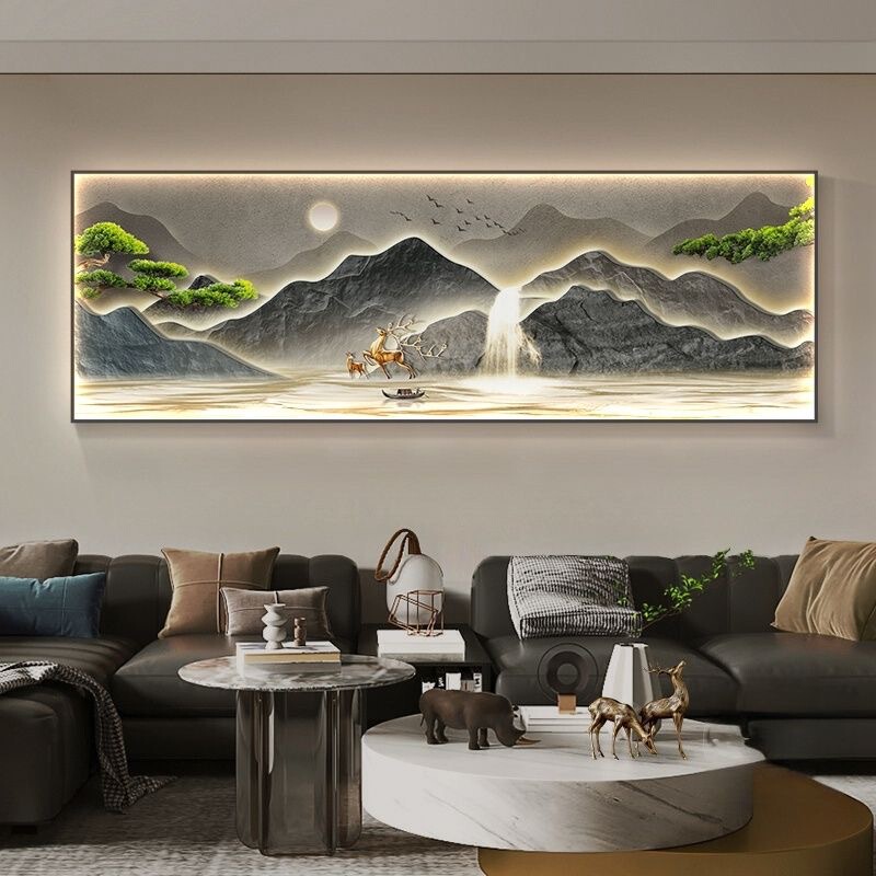 背有靠山新中式客厅装饰画麋鹿沙发背景墙挂画办公室山水风景壁画|undefined