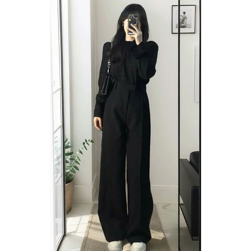 GraceChic - Completo autunnale per donna 2025, nuovo, elegante e alla moda, composto da due pezzi, camicia nera e pantaloni da abito di alta qualità_voghion.com